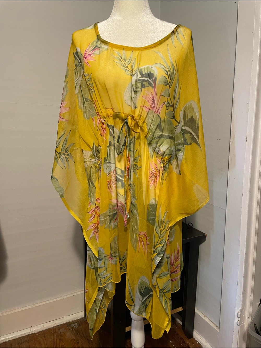 Yellow Floral Sheer Kaftan Dress with Drawstring Waist